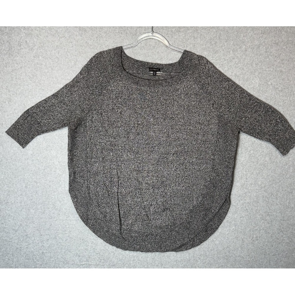 Express Sweater Womens Medium Gray Marled Knit 3/4 Sleeve Pullover Rounded Hem